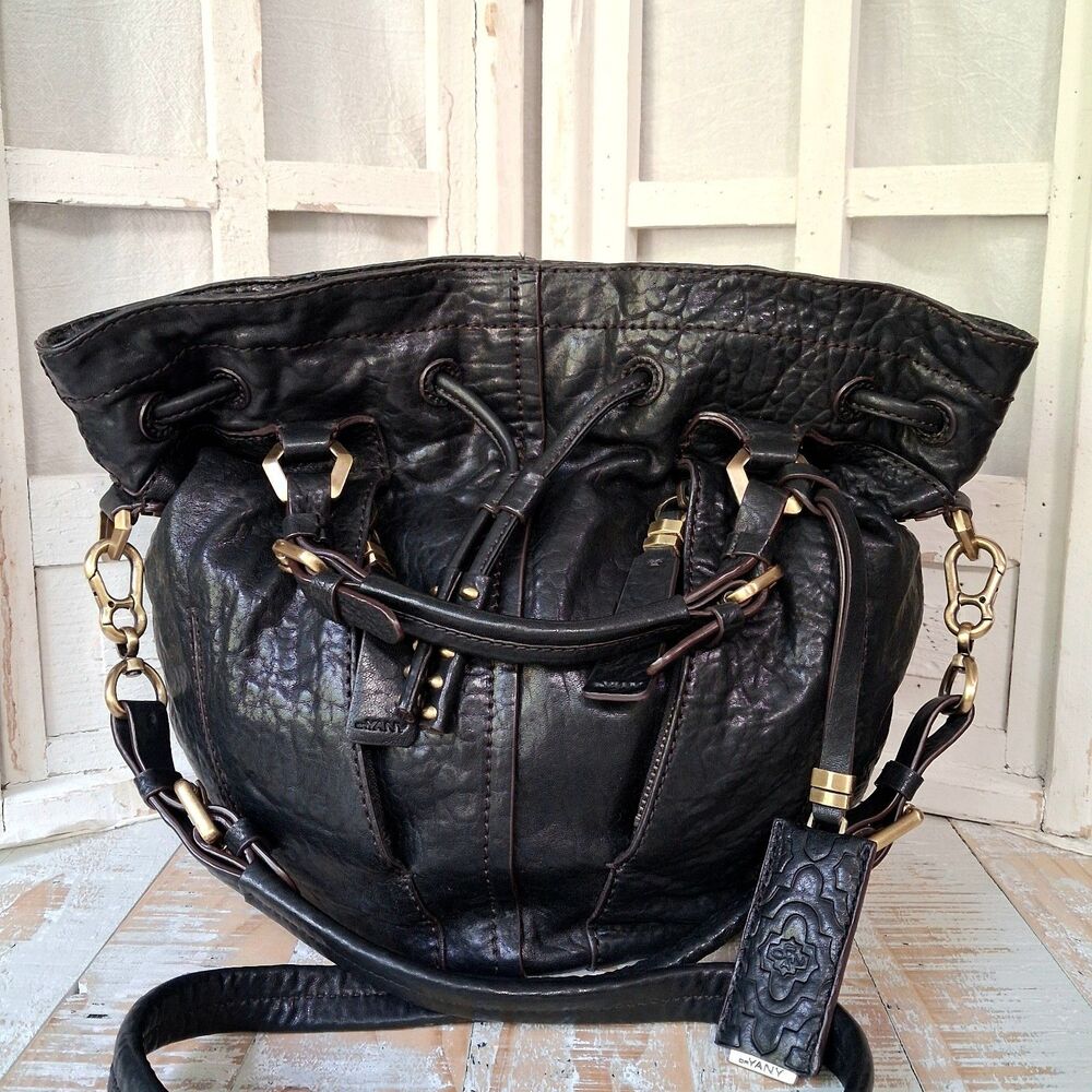 orYANY Gwen Black Distressed Leather Hobo Bag Gold Hardware Boho Moto Y2K